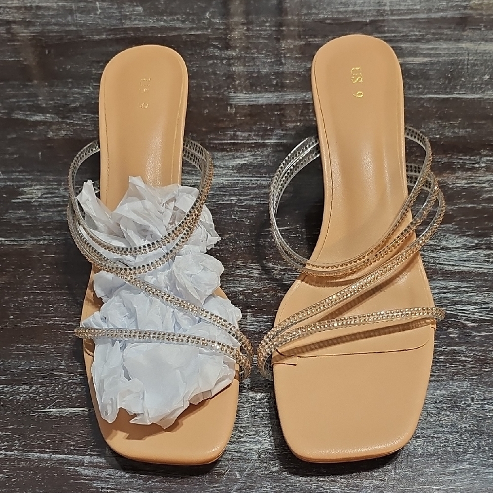 Allegra K Women's Rhinestone Strappy Kitten Heel Slide Heels Sandals Size 9M